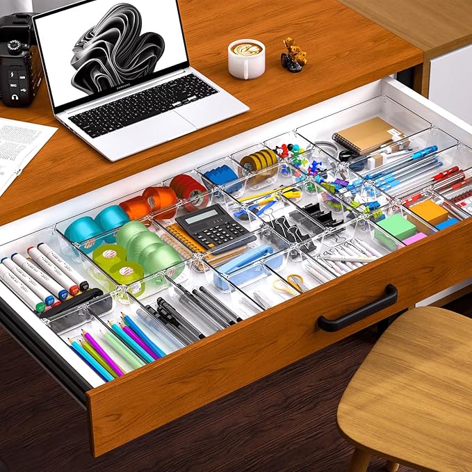Utility Drawer Organizer Set of 13,With Non-Slip Silicone Pads, 5 Size Small Bins for Organization for Bathroom、Vanity、Nightstan、Kitchen、Office Desk Clear Plastic Organizing Containers for Drawers