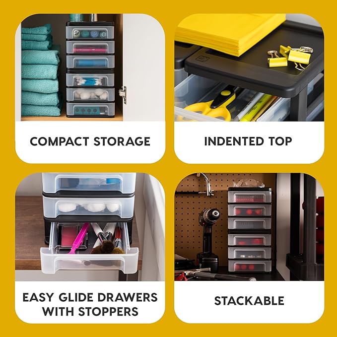 IRIS USA Plastic Stacking Desk Top 3-Drawer Storage Organizer, 4-Pack, for Makeup Vanity Nail Polish Bathroom Stationery Art Craft Supplies Kitchen Office Garage and Small Organization, Small, Black