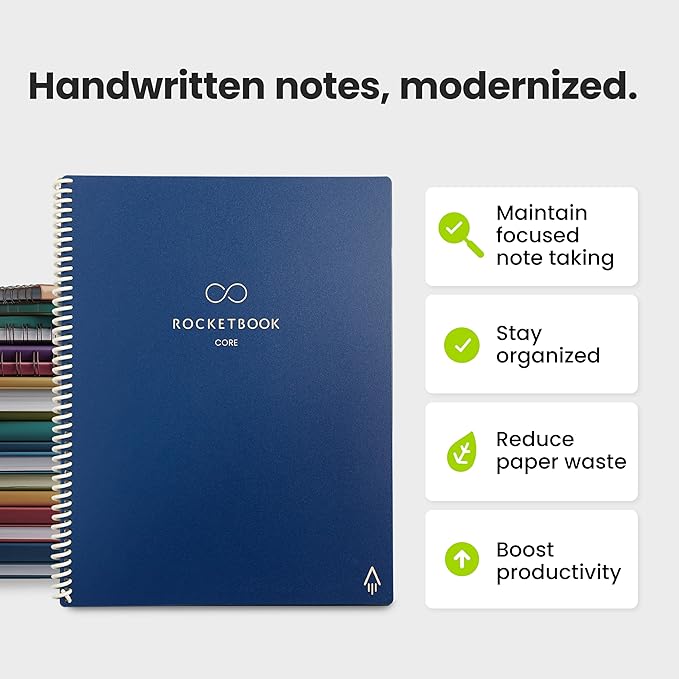 Rocketbook New Core Reusable Spiral Notebook, Letter Size 8.5x11, Navy Blue - Lined Pages, App-Connected, Erasable, Durable Cover, Ideal for School, Work, and Creative Projects