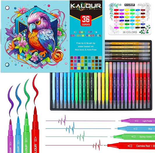 Kalour 36 Colors Art Markers Pens,Dual Tip (Brush and Fine Point),Color Number and Color Name,Art Marker for Coloring Lettering Calligraphy Drawing Journaling,Coloring Art Gift for Adult Beginner Kids