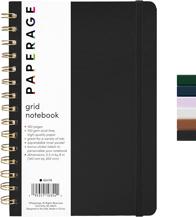 PAPERAGE Graph Paper Spiral Notebook & Journal, (Black), 160 Pages, Medium 5.5 inches x 8 inches - 100 GSM Thick Graphing Paper, Hardcover, Double-Wire Grid Spiral Notebook