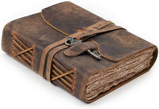 LEATHER VILLAGE Vintage Leather Journal – 200 Handmade Vintage Deckle Edge Paper – Leather bound Journal For Women Men – Vintage Key Closure - Book of Shadows - Cappuccuno Brown - 13X8 inches