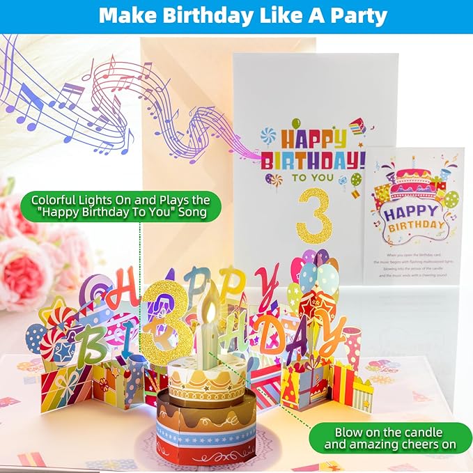 Gumry 3RD Musical Birthday PopUp Card, Blowable Colorful Light Candle 3D Cards with Song, Applause Cheers Sound, Greeting Cards Birthday Gifts Decorations for Daughter Son Turning 3 Years Old