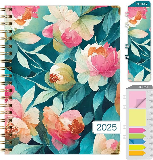 HARDCOVER 2025 Planner, 7"x9": 14 Months (November 2024 - December 2025), Daily Weekly Monthly Planner, Yearly Agenda, Bookmark, Pocket Folder and Sticky Note Set (Teal Floral)