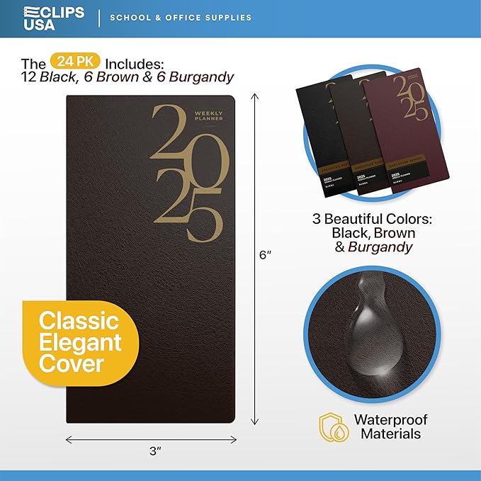 Weekly Planner 2025, Planner, 2025 Weekly Planner, 2025 Planner Weekly And Monthly, 3” x 6”, Weekly Pages, 6 Black 3 Brown 3 Burgundy, (12 Pack, 3 X 6)