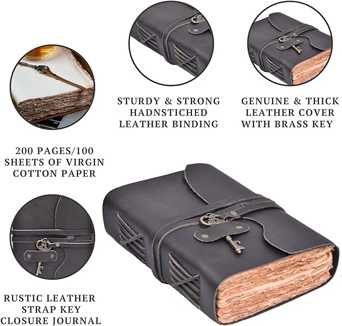 LEATHER VILLAGE Vintage Leather Journal – 200 Handmade Vintage Deckle Edge Paper – Leather bound Journal For Women Men – Vintage Key Closure - Book of Shadows - Black - 6X4 inches (A6)