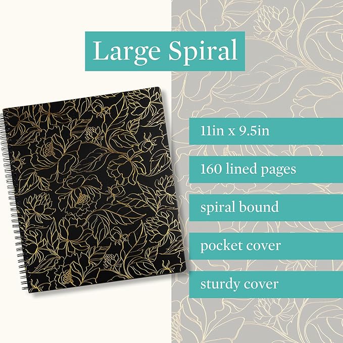 Steel Mill & Co Cute Large Spiral Notebook College Ruled, 11" x 9.5" with Durable Hardcover and 160 Lined Pages (Gold Floral)