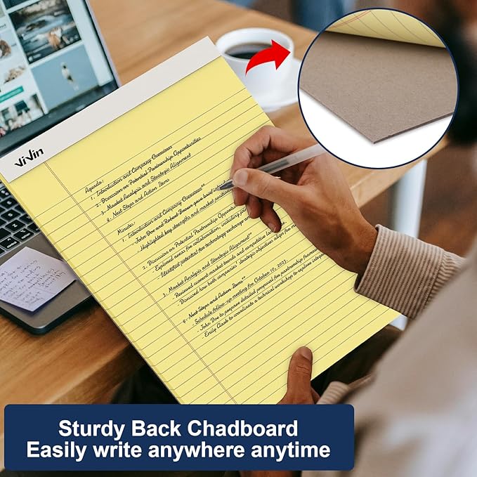 ViVin Legal Pads 8.5 x 11 Inch, Wide Ruled Note Pads, 12 Pack, 50 Sheet/Pad, Perforated Writing Pads, Notepads for Office Home School, 600 Sheets (12 Pack of 50), Canary Yellow Paper