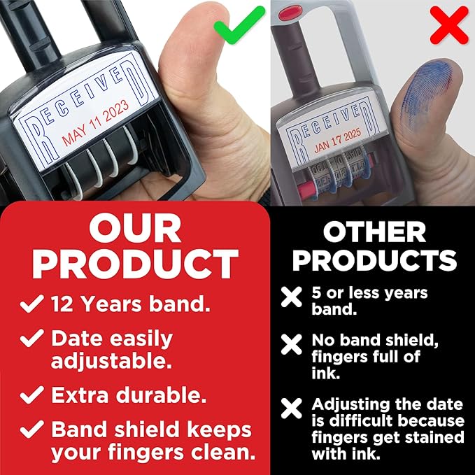 Self-Inking Rubber Date Office Stamp with Faxed Phrase - Blue Ink & Date Red Ink - 12-Year Band