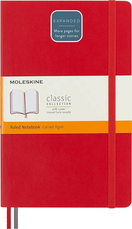 Moleskine Classic Expanded Notebook, Soft Cover, Large (5" x 8.25") Ruled/Lined, Red, 400 Pages