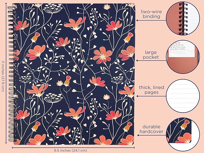 Steel Mill & Co Cute Large Spiral Notebook College Ruled, 11" x 9.5" with Durable Hardcover and 160 Lined Pages, Floral Vines