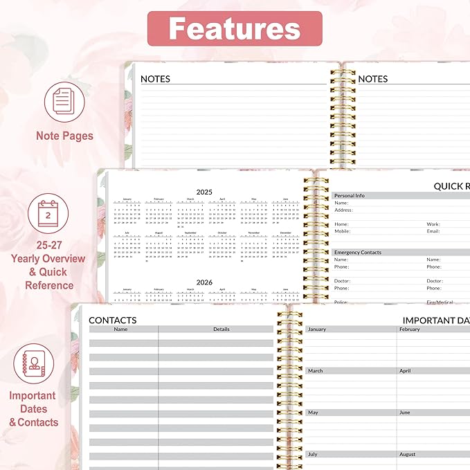 SUNEE 2025 Weekly and Monthly Planner - from January 2025 - December 2025, 8.5"x11" Daily Agenda Planner with Monthly Tab, Flexible Cover, Note Pages, Pockets, Bookmark, Spiral Binding, Floral