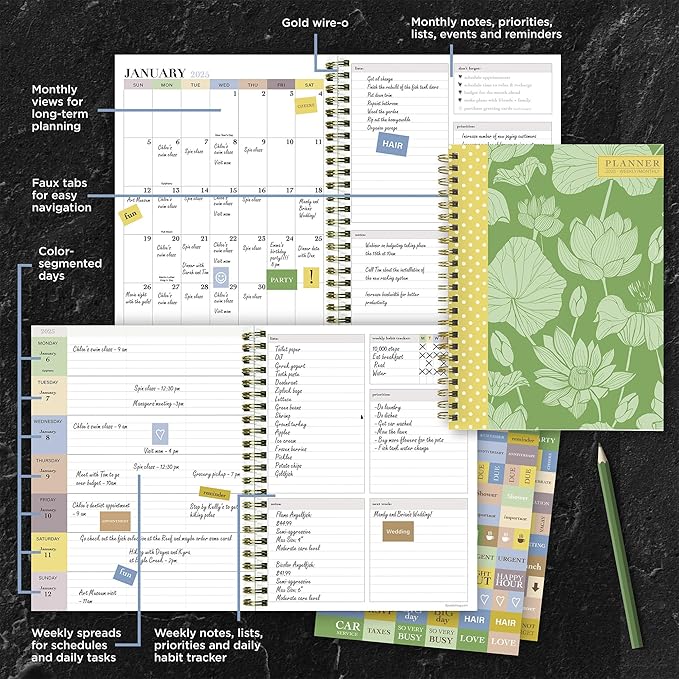 TF PUBLISHING 2025 Lotus Medium Weekly Monthly Planner - Habit & Task Trackers - Planner Monthly and Weekly with Organizer Stickers - 12 Month Calendar Planner - 6.5" x 8"
