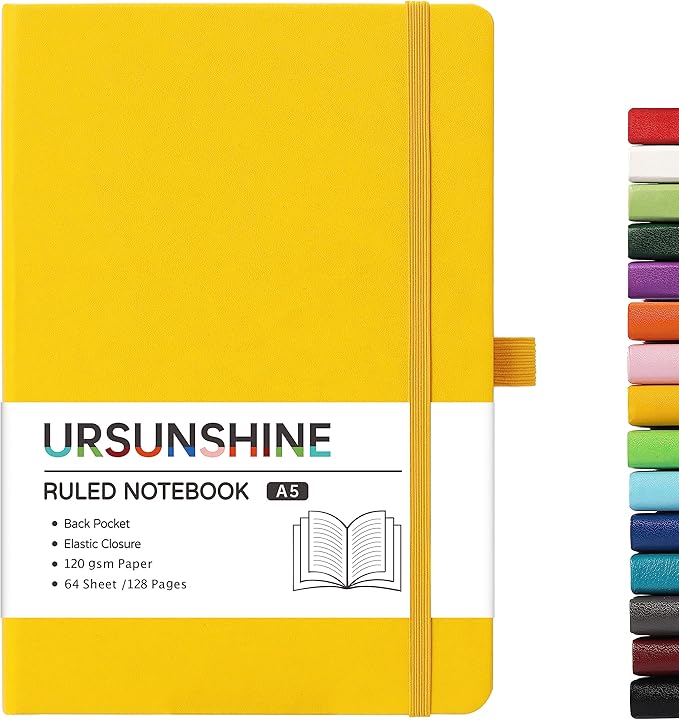 Ruled Notebook/Journal - Classic Lined Journal/Notebook, Hardcover with Thick Paper, 5.3" x 8.26", Banded + Ribbon Bookmark +Inner Pocket - Yellow