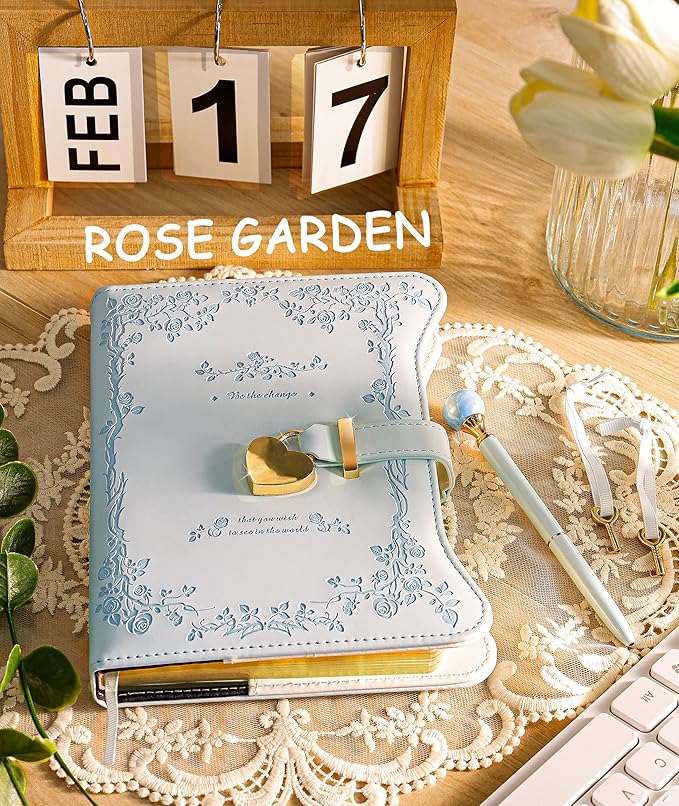 Diary with Lock and Keys for Girls Gifts Ideas, 360 Gold Edged Pages Journal for Women, B6 Refillable Notebook for Writing with Pen and Bookmark (Light Blue)