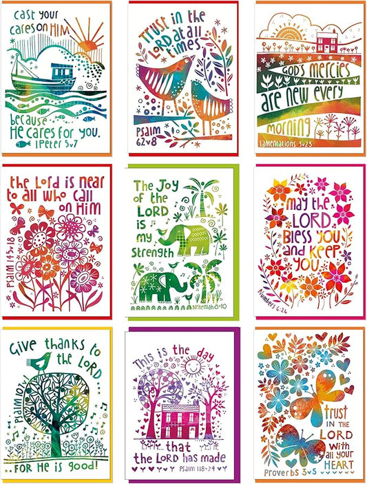 Christian greeting cards with Scripture, 9 in this pack of thinking of you cards religious, blank inside, hand drawn by British artist Jacqui Grace (Multicolored / CH438)