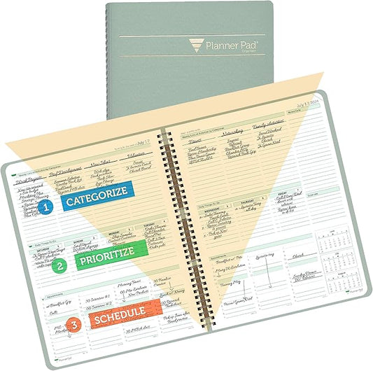 Planner Pad Spiral Bound July 2024 – June 2025 / Academic Year, 8 1/2" x 11" Large, 3-Tier Funnel Down 12 Month Organizer, Greenish Grey Cover/Soft Green Ink