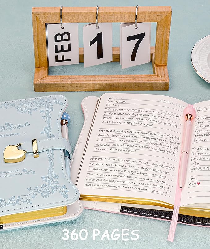 Diary with Lock and Keys for Girls Gifts Ideas, 360 Gold Edged Pages Journal for Women, B6 Refillable Notebook for Writing with Pen and Bookmark (Light Blue)
