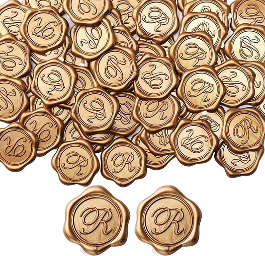 Yoption Initial R Wax Seal Stickers, 100 Pack Antique Gold Letter Self Adhesive Envelope Sealing Stickers for Wedding Party Birthday Christmas (R)