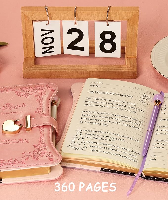 Diary with Lock and Keys for Girls Gift Ideas, 360 Gold Edged Pages Journal for Women, B6 Refillable Notebook for Writing with Pen and Bookmark (Garden Turquoise)