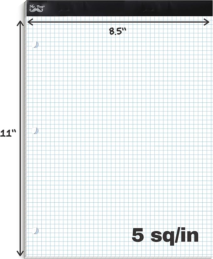 Mr. Pen- Engineering Paper, Graph Paper, 5x5 (5 Squares per inch), 8.5"x11", 55 Sheets, 3-Hole Punched, Grid Paper, Graphing Paper, Computation Pads, Drafting Pad, Blueprint Paper