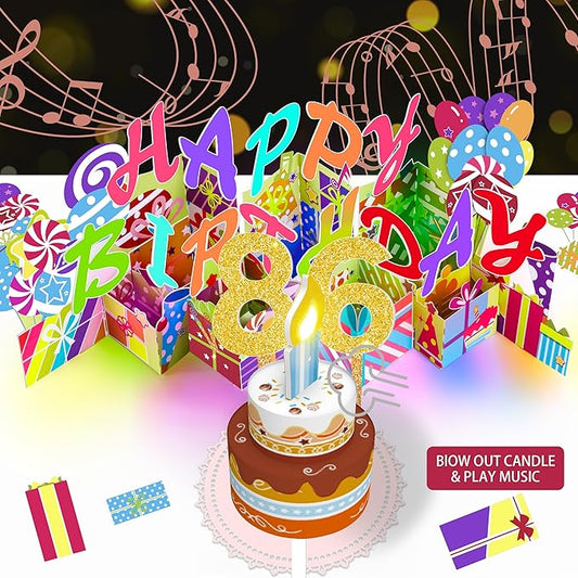 Gumry 86TH Musical Birthday PopUp Card, Blowable Colorful Light Candle 3D Cards with Song, Applause Cheers Sound, Greeting Cards Birthday Gifts Decorations for Women Men Turning 86 Years Old