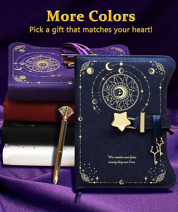 Diary with Lock and Keys for Girls Gift Ideas, 360 Kraft Pages Journal for Women, B6 Refillable Notebook for Writing with Pen and Bookmark (Astro Purple)