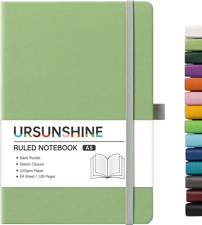 Ruled Notebook/Journal - Classic Lined Journal/Notebook, 5.3'' x 8.26'', Hardcover with Thick Paper, Banded + Pen Holder +Inner Pocket - Light Green