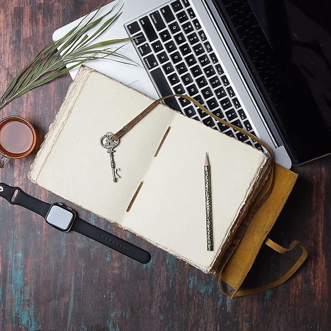 LEATHER VILLAGE Vintage Leather Journal – 200 Handmade Vintage Deckle Edge Paper – Leather bound Journal For Women Men – Vintage Key Closure - Book of Shadows - Turquoise - 13X8 inches