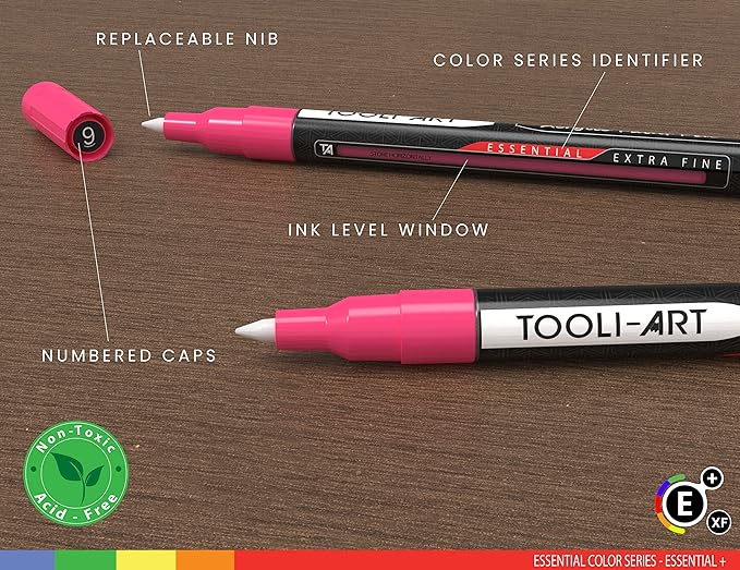 TOOLI-ART Acrylic Paint Pens Assorted Vibrant Markers for Rock Painting, Canvas, Glass, Mugs, Wood, Fabric, Metal, Ceramics. Non Toxic, Quick Dry, Multi-Surface, Lightfast (EXTRA FINE)