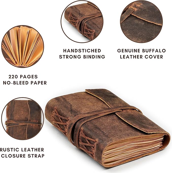 LEATHER VILLAGE Leather Bound Journal - Rustic Brown, 7"X5", 220 Pages - Vintage Blank Paper Diary for Writing, Drawing, Sketchbook, and Travel Notebook - Ideal for Women and Men