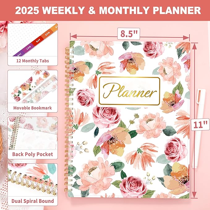 SUNEE 2025 Weekly and Monthly Planner - from January 2025 - December 2025, 8.5"x11" Daily Agenda Planner with Monthly Tab, Flexible Cover, Note Pages, Pockets, Bookmark, Spiral Binding, Floral