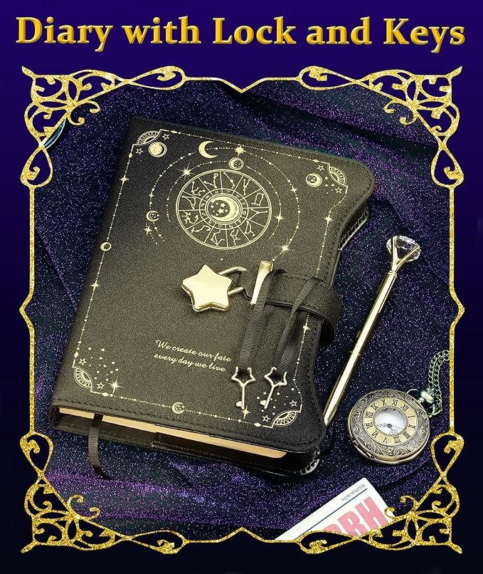 Diary with Lock and Keys for Girls Gift Ideas, 360 Kraft Pages Journal for Women, B6 Refillable Notebook for Writing with Pen and Bookmark (Astro Black)