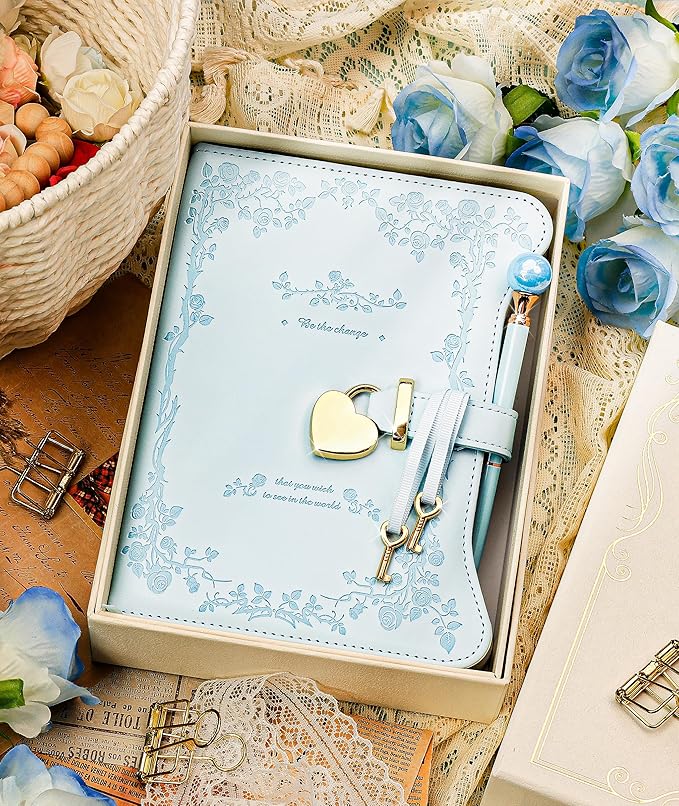 Diary with Lock and Keys for Girls Gifts Ideas, 360 Gold Edged Pages Journal for Women, B6 Refillable Notebook for Writing with Pen and Bookmark (Light Blue)